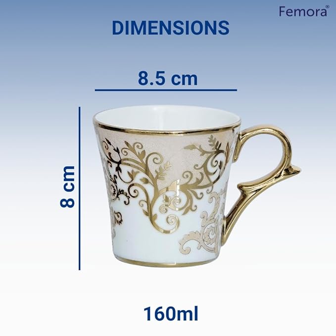 Femora Premium Floral Gold Line Ceramic Coffee & Tea Cup Set of 6 | 160 Ml