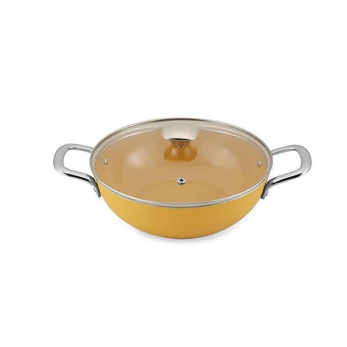 Salford Forged Ceramic Non-stick Kadai With Glass Lid & Tubular Ss Handle | Mustard Yellow | 240mm | 2.5 Litre