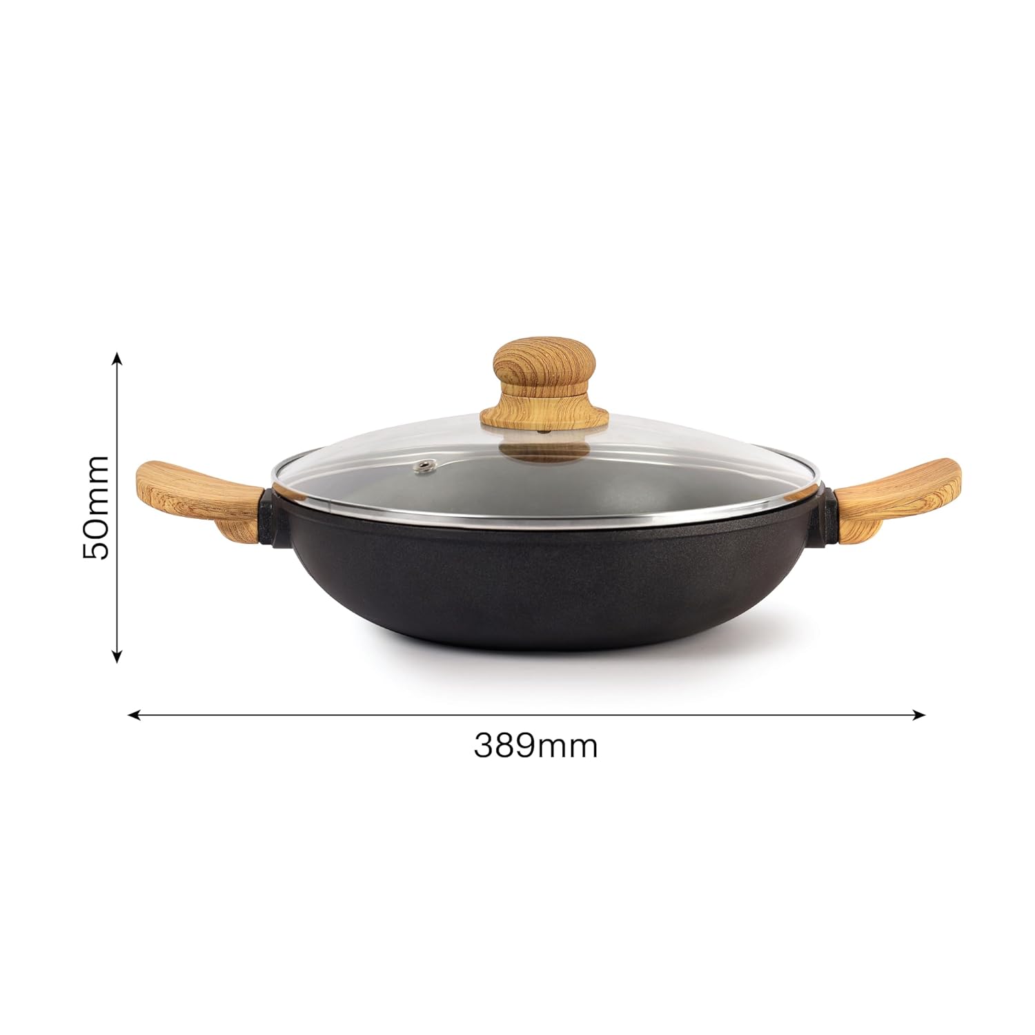 Cello Castello Die Cast Induction Aluminium Kadhai With Glass Lid 24 Cm, 4 Mm Thickness | Induction Base Kadhai | Wooden Handle