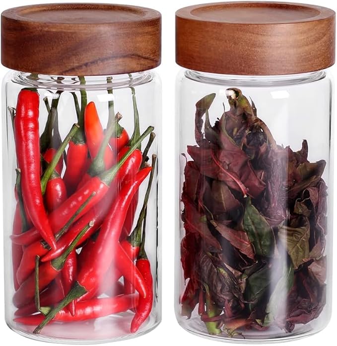 Femora Borosilicate Glass Screw Jar With Wooden Lid | 550 Ml | Set of 2 | Brown