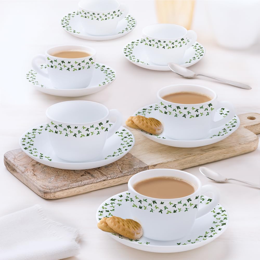 Larah by Borosil Silk Series Sage Opalware Cup and Saucer Set of 12 Pcs | Tea/coffee Cups | 140 Ml