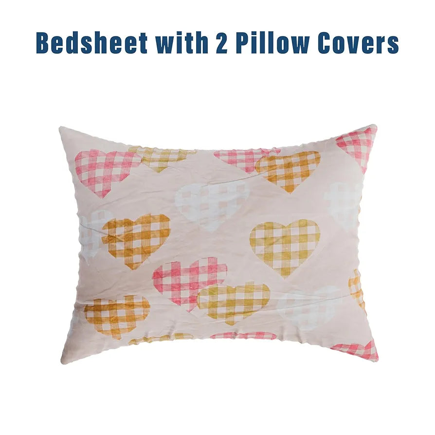 Kuber Industries Double Bedsheet Premium Cotton with 2 Pillow Covers Heart-Design Bedsheet Pink