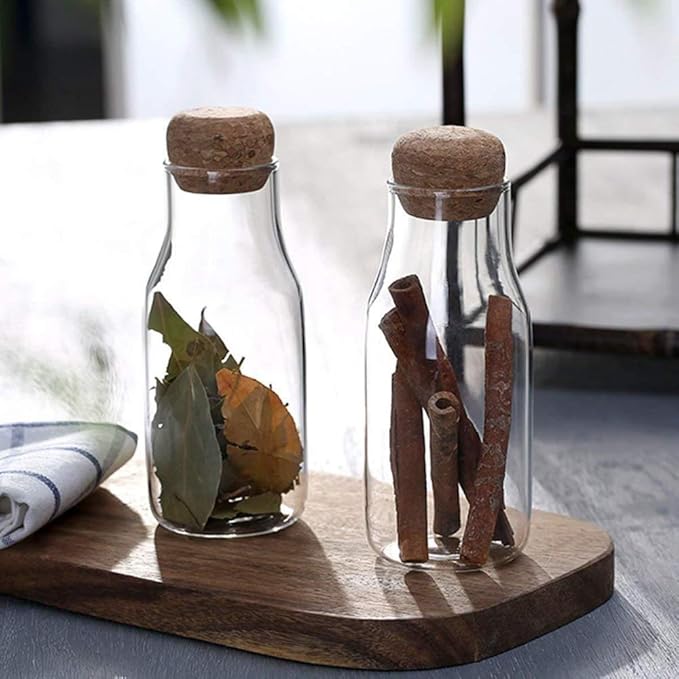 Femora Borosilicate Glass Bottle Container With Cork | Capacity 200 Ml | Transparent  | Set of 2