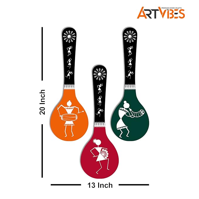 Artvibes Warli Art Wooden Wall Hanger for Home | Set of 3