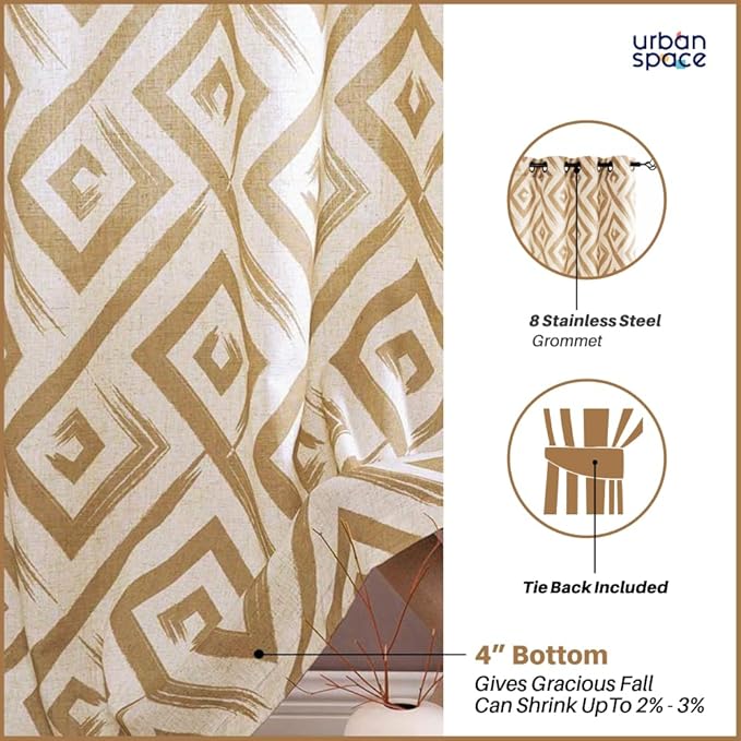 Urban Space Cotton Curtains for Door Pack of 2 Curtain with Eyelets and Tieback (Clour Basics Beige)