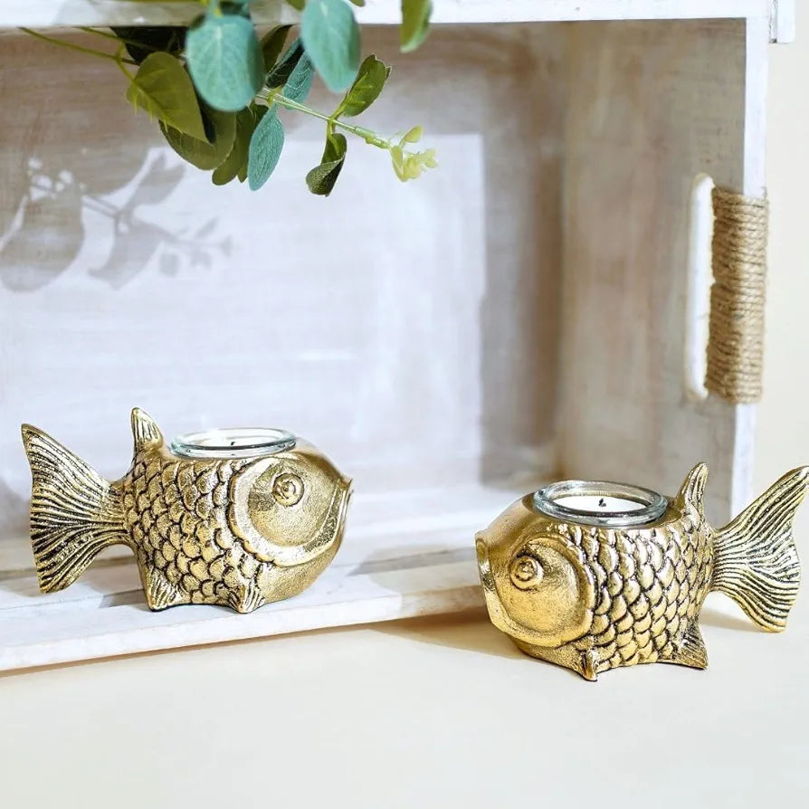 BEHOMA Metal Fish Aluminum Figurine with Votive Good Luck and Success | Candle Holder for Home Decor Tabletop Living Room | Showpiece for Valentine's Day, Birthday, Gold