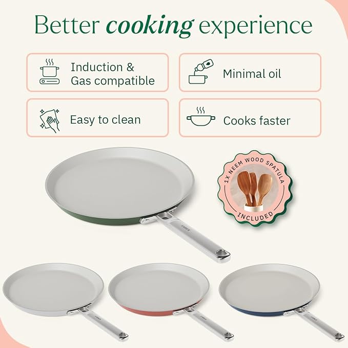 Ember Cookware Arcilla Ceramic Non Stick Dosa Tawa 28cm | Stainless Steel Handle | Green
