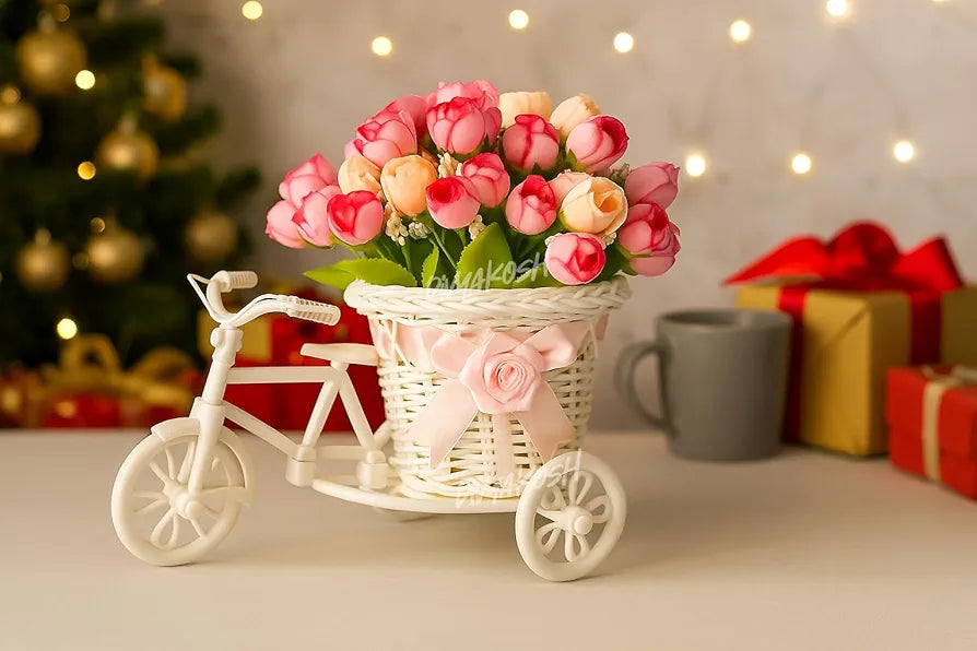 Artificial Peony Bunches Flower Basket with Decorative Tricycle Planter