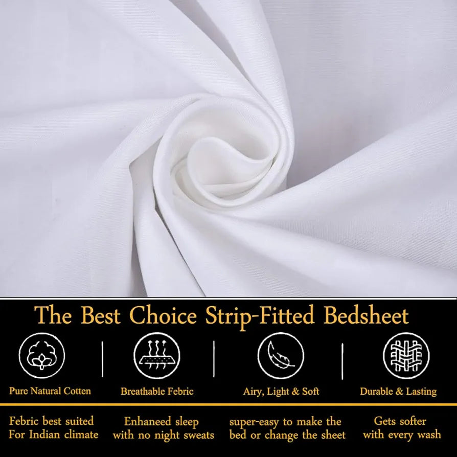 Fresh From Loom 240 TC Satin Striped Soft Bed Covers King Size Bed with Two Pillow Cover Elastic Bedsheet White