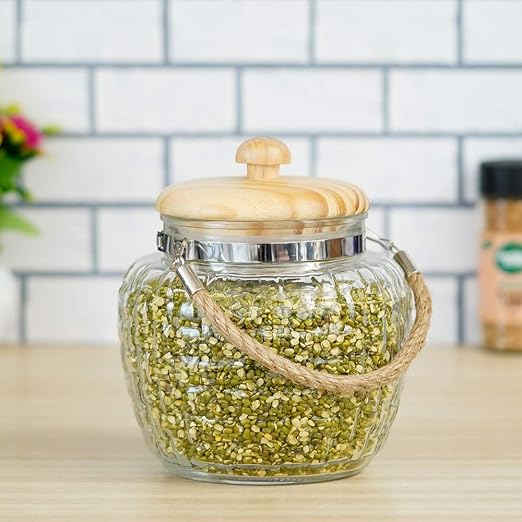 Femora Kitchen Storage Jars Embossed Glass Jar With Wooden Lid & Jute Chain Air Tight Jar | 500 Ml | Pack of 4