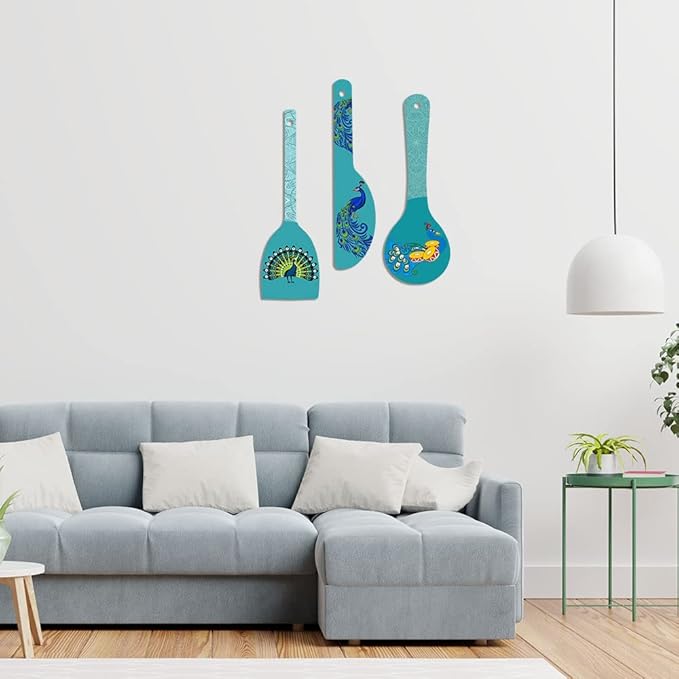 Artvibes Beautiful Peacock Wooden Wall Hanger for Home | Set of 3