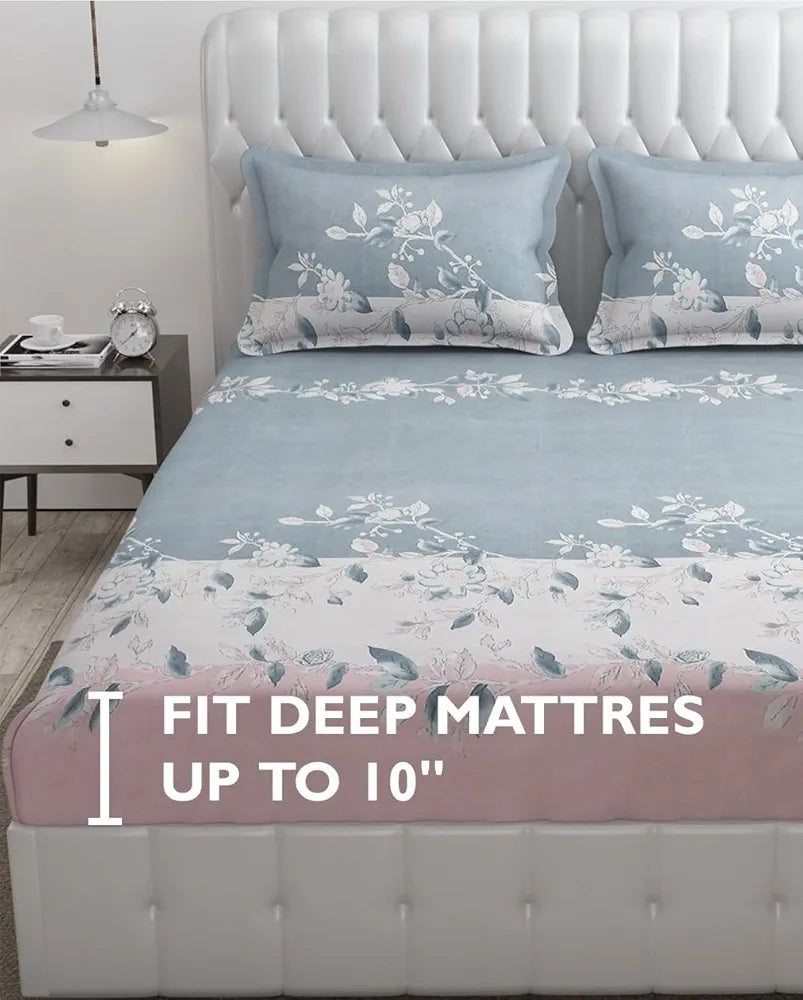 Fresh From Loom King Size Floral Print Microfiber Bedsheet Set 240 TC Anti Fade Includes 2 Pillow Cover Astar-Denim