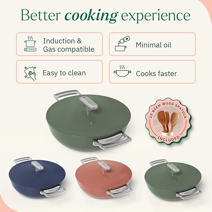 Ember Cookware Arcilla Ceramic Non Stick Kadai 24cm | Metallic Lid | Stainless Steel Handles | Capri Series | Green