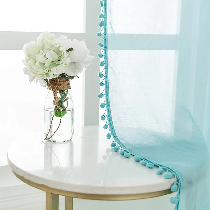 Urban Space Linen Textured Sheer Curtains for Door 7 feet, Curtains for Living Room with Eyelets, Set of 2 Sheer Decorative Curtains Aqua Blue