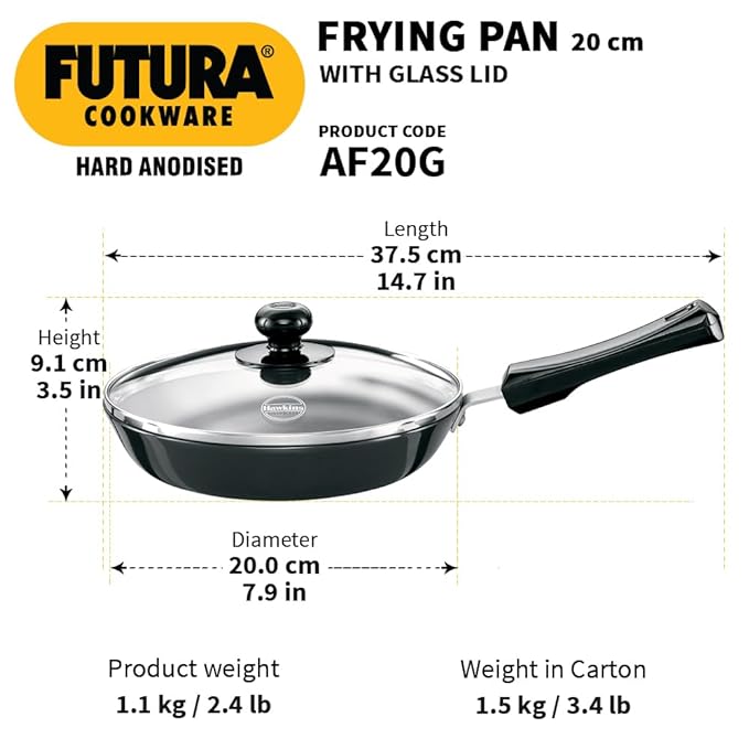 Hawkins Futura 22 cm Frying Pan Hard Anodised Fry Pan with Glass Lid Black