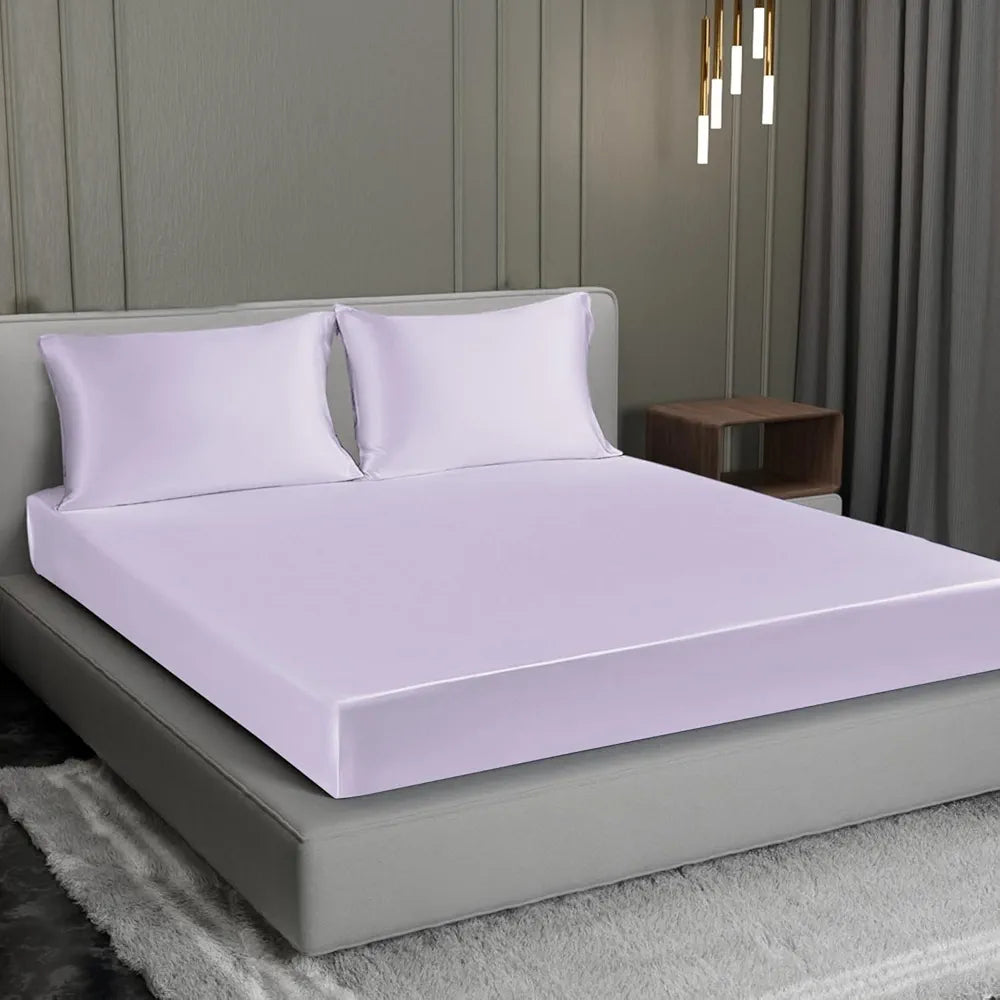 Cloth Fusion Satin Elastic Fitted Bedsheets Double Bed Luxury Queen Size Bed Sheet with 2 Pillow Covers Lilac Colour