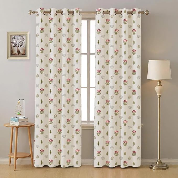 Urban Space Cotton Floral Curtains for Door Set of 2 with Eyelets and Tieback(Colour Calico Red)
