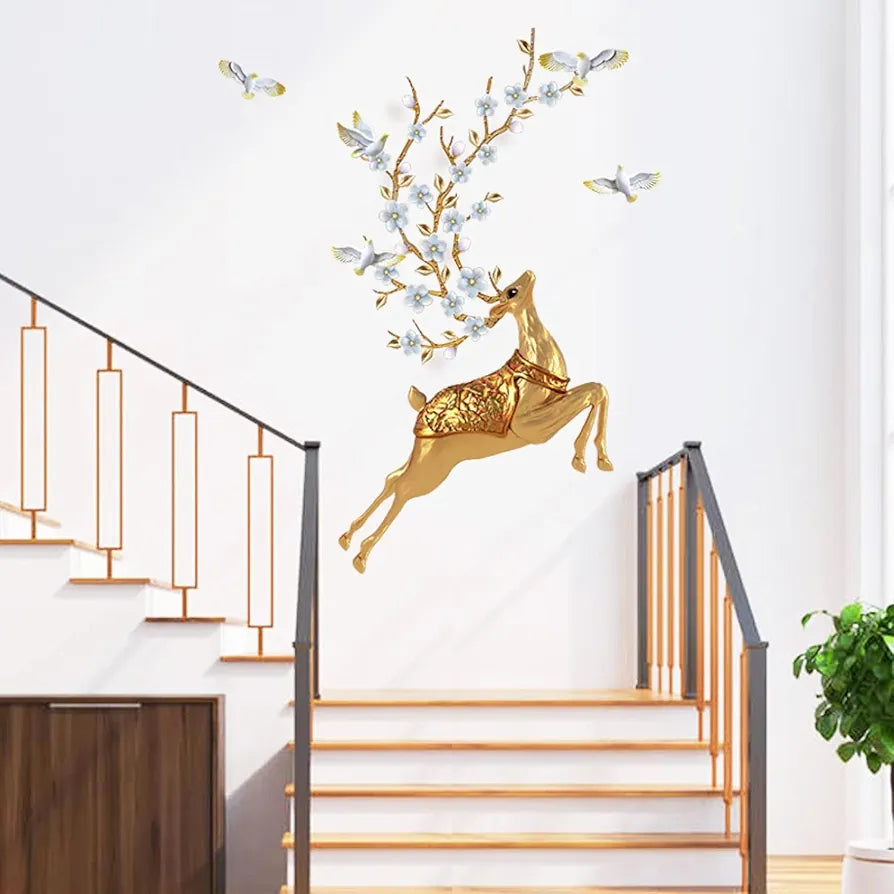 Jaamso Royals Golden Deer Pvc Vinyl Self Adheisve Wall Sticker for Home