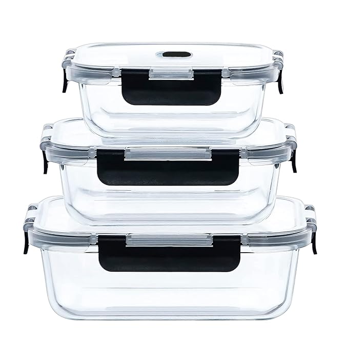 Femora Set of 3 Borosilicate Glass Rectangle Black Container With Dectahable & Break Free Lid, 400 Ml, 620 Ml, 1000ml | Microwave Safe