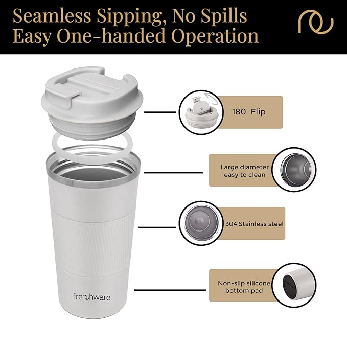 Frenchware Coffee Mug | 510 Ml | Tumbler, Flask for Tea Coffee, Insulated Coffee Mug | Coffee Mug With Leakproof Lid | White