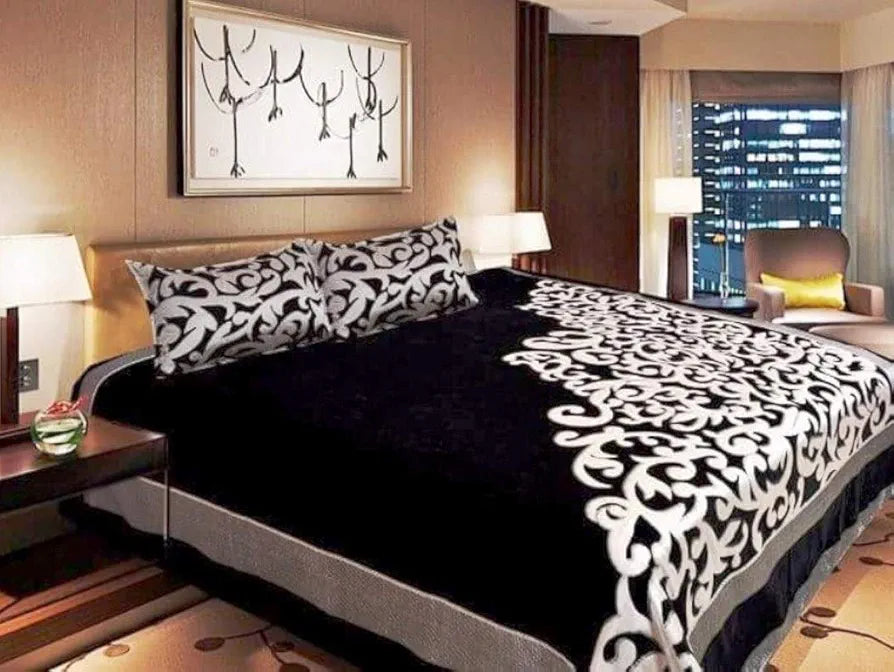 Fresh From Loom Chenille Velvet Abstract 500 TC Heavy Bedsheet for Double Bed King Size Black Color with 2 Pillow Covers
