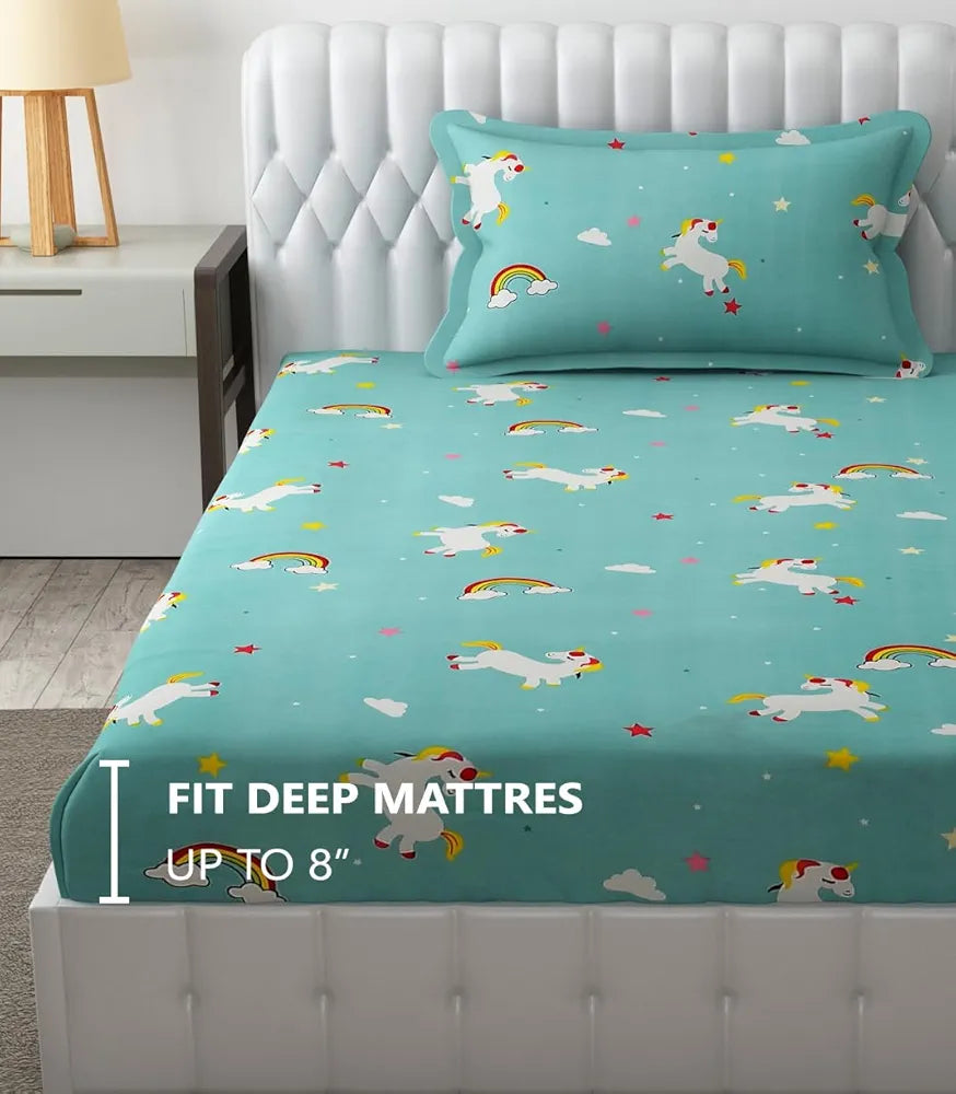 Fresh From Loom Elastic Printed Fitted Single Bed Bedsheet For Kids With One Pillow Cover Unicorn Small Single Blue 300 TC Teal