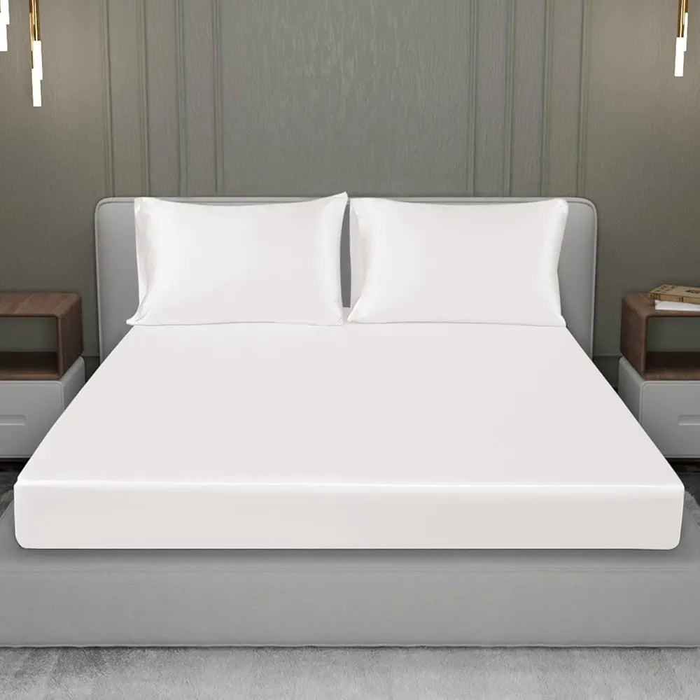 Cloth Fusion Satin Elastic Fitted Bedsheet for Double Bed King Size with 2 Pillow Covers White H603 280 TC