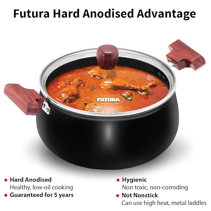 Hawkins Futura 4 Litre Cook n Serve Handi, Hard Anodised Biryani Handi with Glass Lid