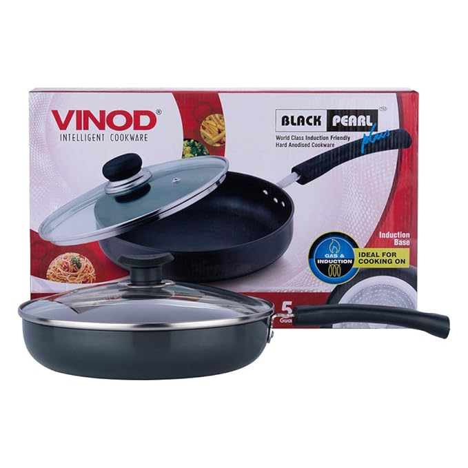 Vinod Black Pearl Plus Hard Anodised Deep Frypan with Glass Lid - 24 cm, 3.25 mm Thickness/Riveted Handle