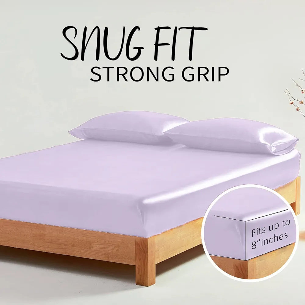 Cloth Fusion Satin Elastic Fitted Bedsheets Double Bed Luxury Queen Size Bed Sheet with 2 Pillow Covers Lilac Colour