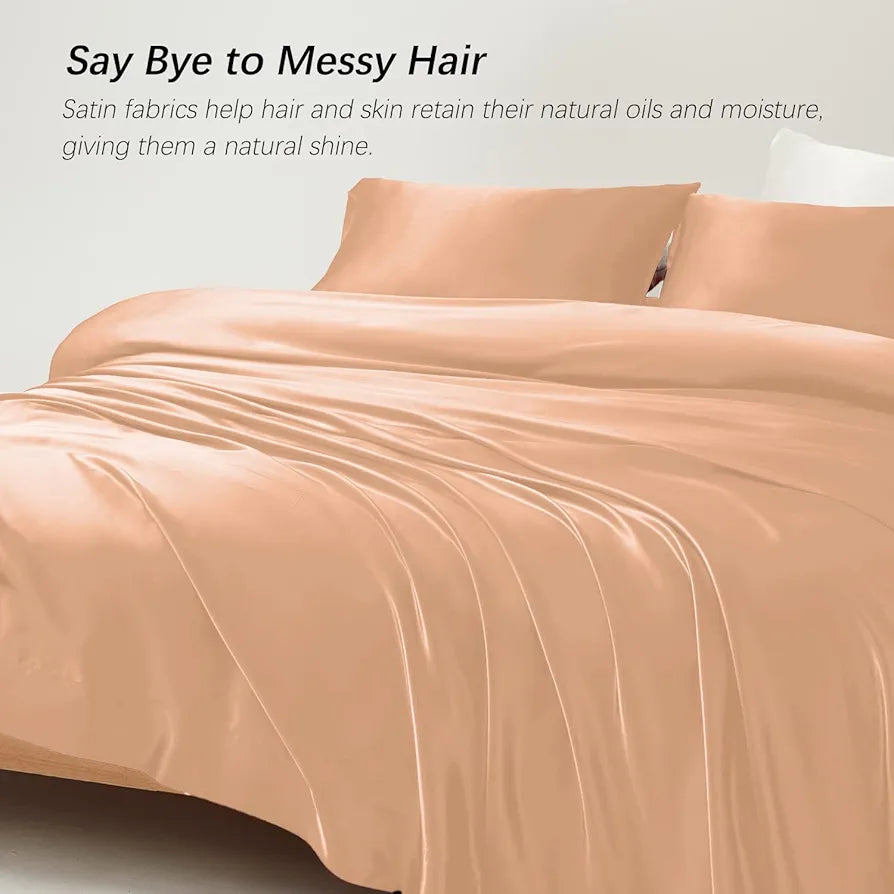 Cloth Fusion Satin Bedsheet for Queen Size Bed Set of 1 Satin Sheet 2 Pillow Covers Peach Colour