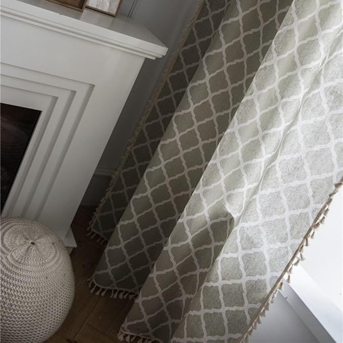 Huesland Cotton Curtains for Door, 9 Feet Long 1 Bohemian Eyelet Curtain | Quatrefoil Dessert Sage