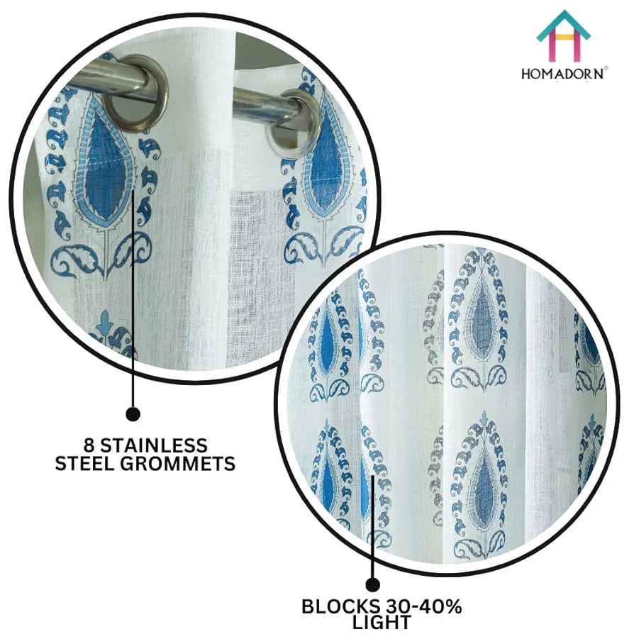 Homadorn Linen Sheer Printed Semi Transparent Curtains for Window Set of 2 Blue Motifs