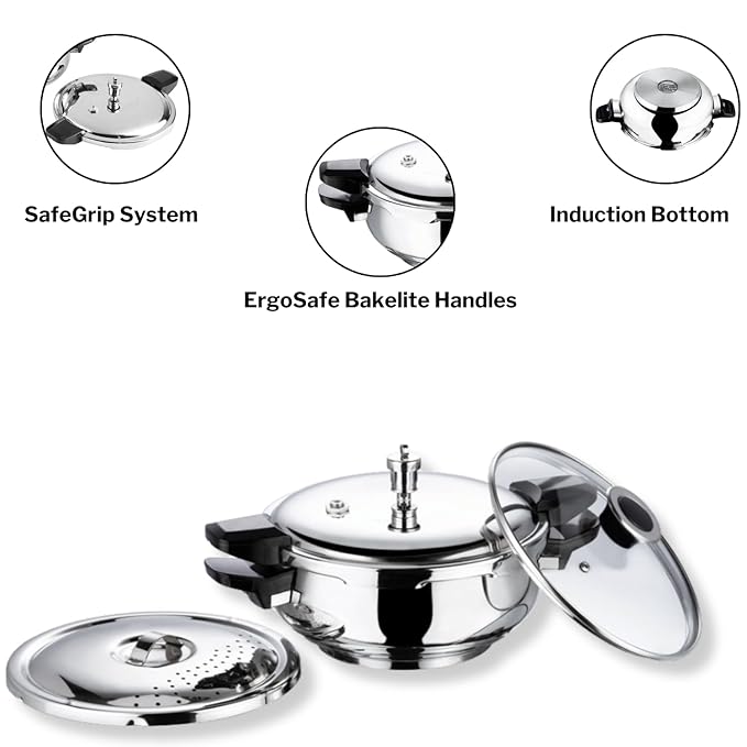Vinod Magic Stainless Steel Smart 3 in 1 Pressure Cooker 3.5 Litre | 5mm Thick Base | All in One Cooker with Strainer & Glass Lid
