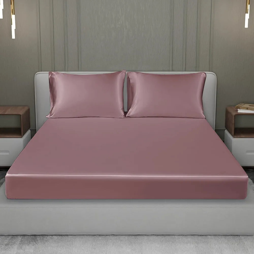 Cloth Fusion Satin Elastic Fitted Bedsheets Double Bed with 2 Pillow Covers H603 280 TC Rose Gold