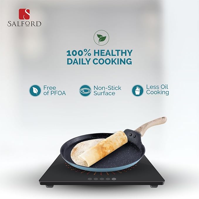 Salford by Ucook Forged Non-stick Tawa With Soft Touch Wooden Handle, Induction & Gas Ready | Black Spatter Dusty Blue | 260mm