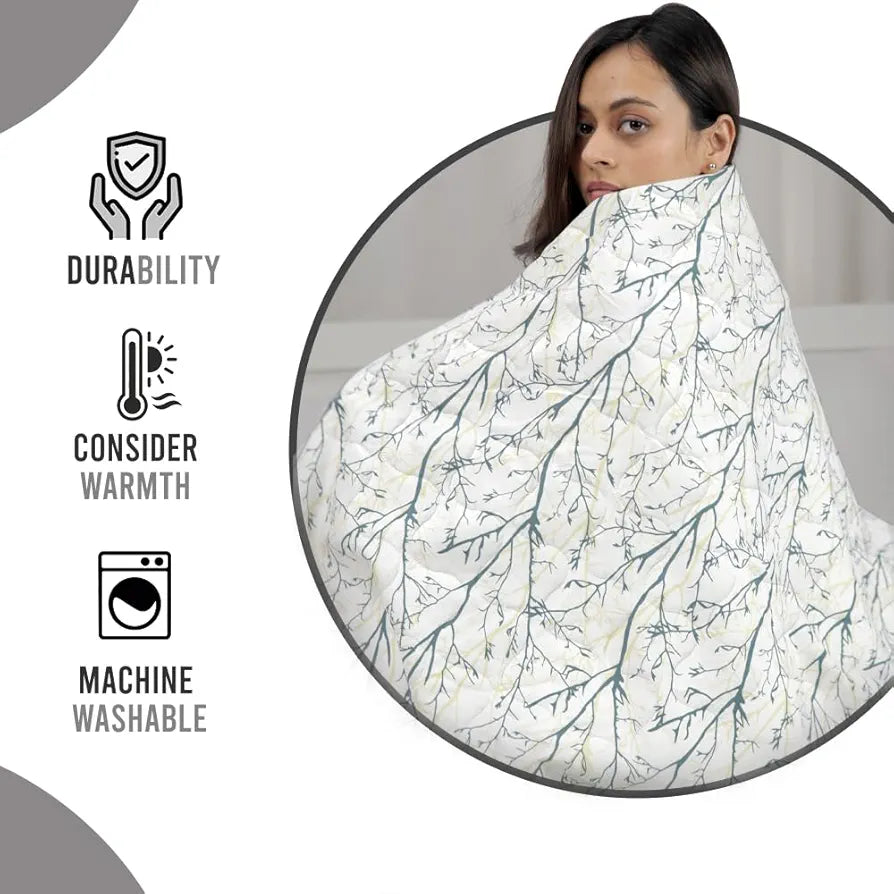 Divine Casa Microfibre All Weather Lightweight 120 GSM Printed Reversible Single Bed Quilt Comforter Blanket TC - 120 Colour Light Grey and White
