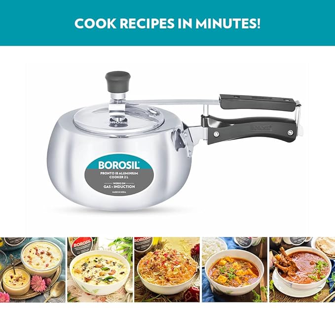 Borosil Pronto Induction Base Inner Lid Aluminium Pressure Cooker | 3.6 Mm Thick Base | 2 Litres | Silver