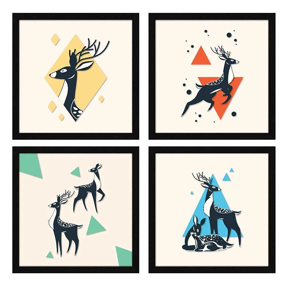 ArtX Paper Deer Wildlife Wall Art Painting Framed Paintings Set of 4