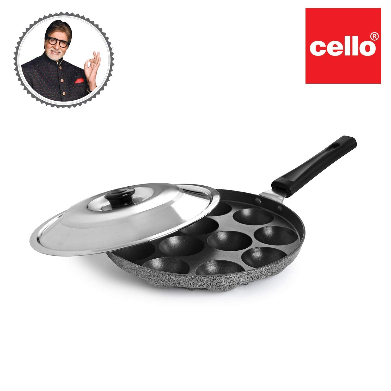 Cello Appam Patra With Stainless Steel Lid Non-stick Heavy Duty Aluminium