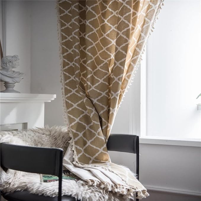 Huesland Cotton Curtains for Windows, 5 Feet Long 1 Bohemian Eyelet Curtain | Quatrefoil Light Brown