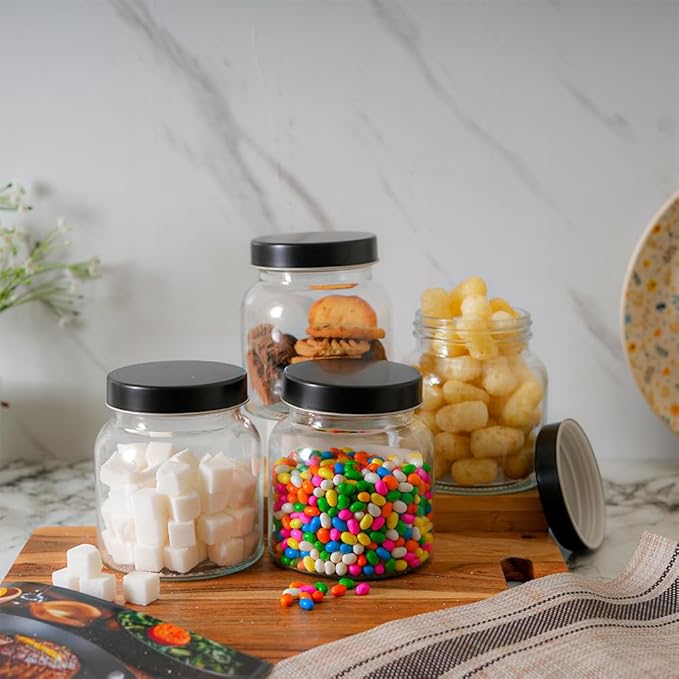 Femora Kitchen Storage Jars Clear Glass Jar With Steel Lid Air Tight Jar | 700 Ml | Pack of 1 | Black Lid