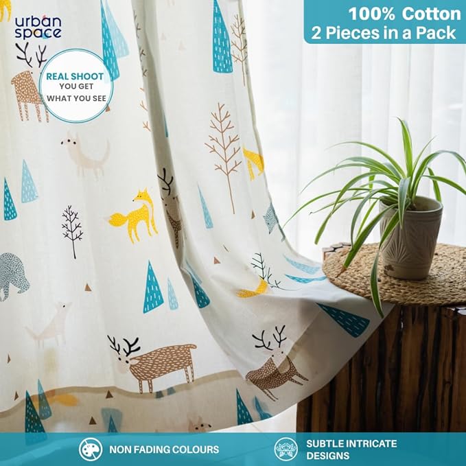 Urban Space Cotton Curtains for Door Set of 2 with Eyelets and TieBack (Colour Reindeer Multicolour)