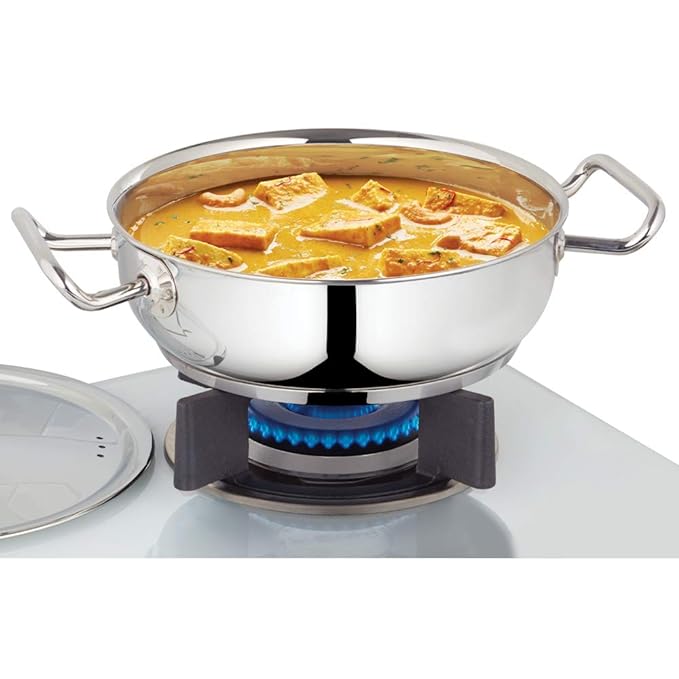 Borosil Stainless Steel Kadhai With Lid | Induction Friendly | Impact Bonded Tri-ply Bottom | 2.8 Litres | 24 Cm