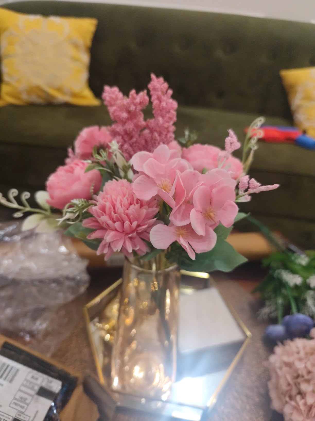 Artificial Multiflora Flower Roses Fake Sticks Bunch Without Vase Pink Fabric