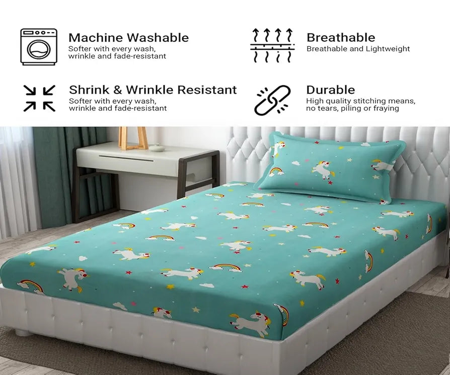 Fresh From Loom Cartoon Wrinkle Free Microfiber Bedsheet For Kids Single Bedsheet With One Pillow Cover Multicolor 144 TC Teal