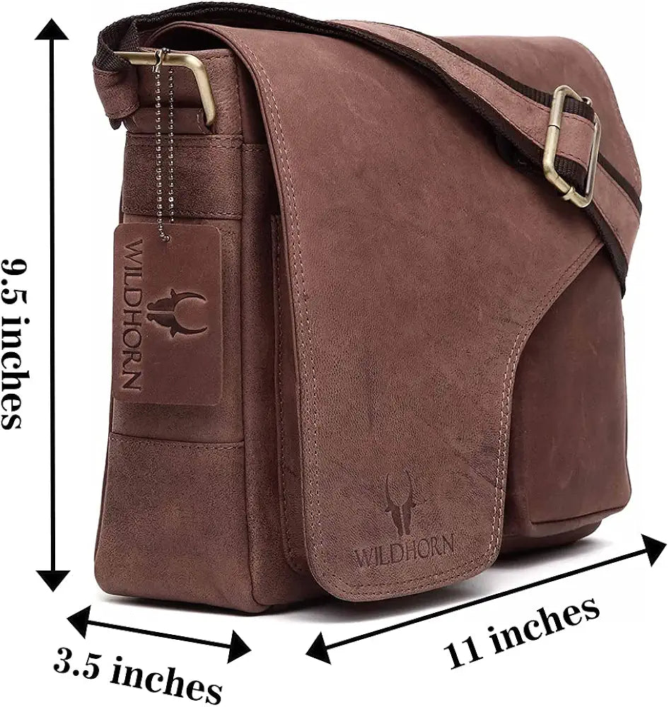 WildHorn�Leather 11 inch Laptop Messenger Bag for Men I Dedicated Laptop Compartment I Adjustable Strap I DIMENSION:L- 11 inch H-9.5 inch W- 3 inch