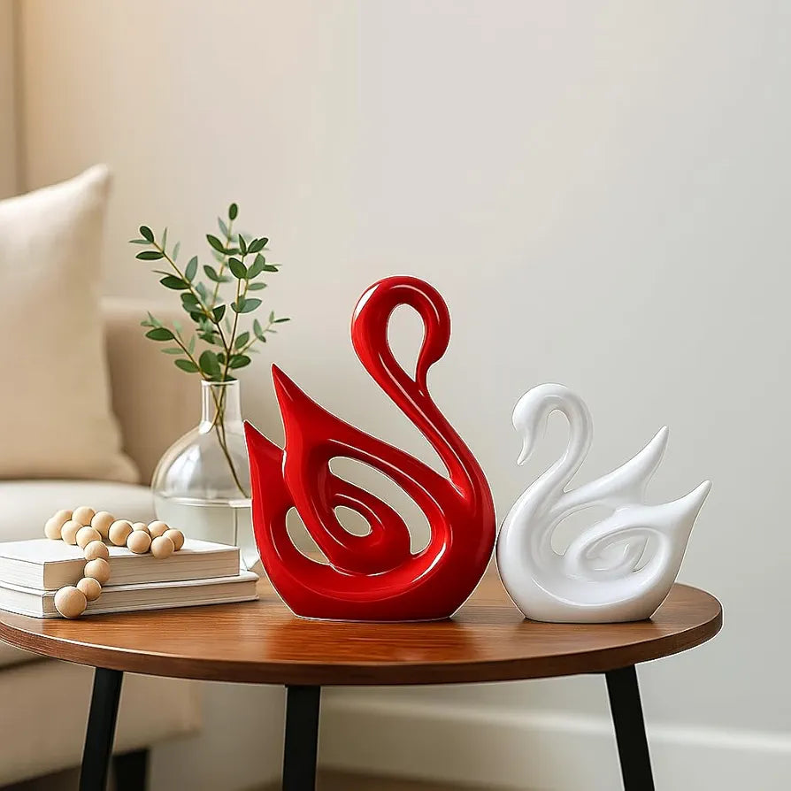 Xtore Lucky Swan Couple Piano Finish Ceramic Figures for Home Decor