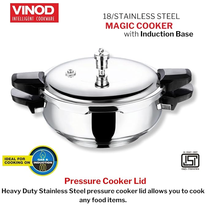 Vinod Magic Stainless Steel Smart 3 in 1 Pressure Cooker 3.5 Litre | 5mm Thick Base | All in One Cooker with Strainer & Glass Lid