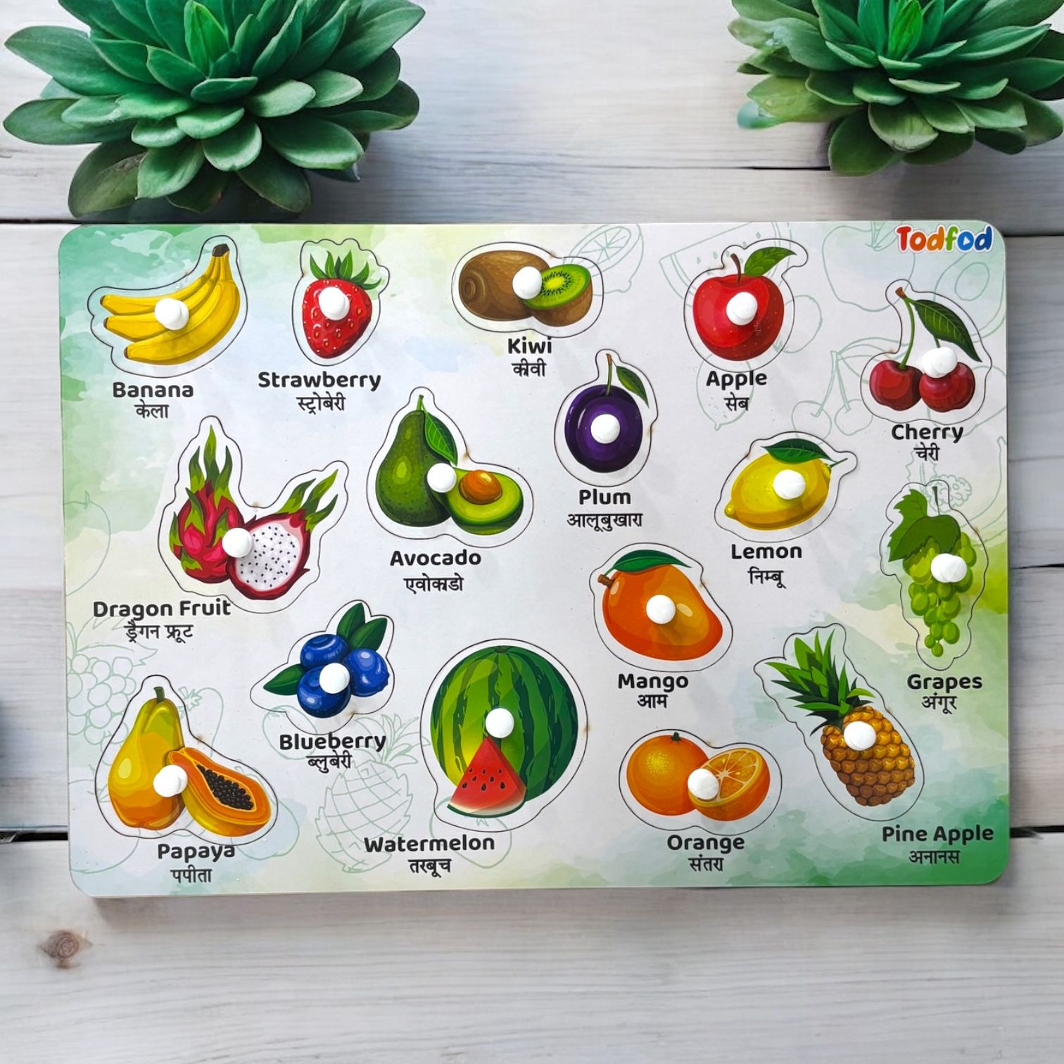 Wild Animals & Fruit Characters Knob & Pegged Puzzle for Kids